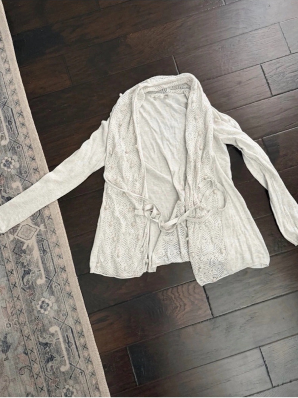 Knitted & Knotted Anthropologie Oatmeal Lace Knit Cardigan Sweater Small Belted